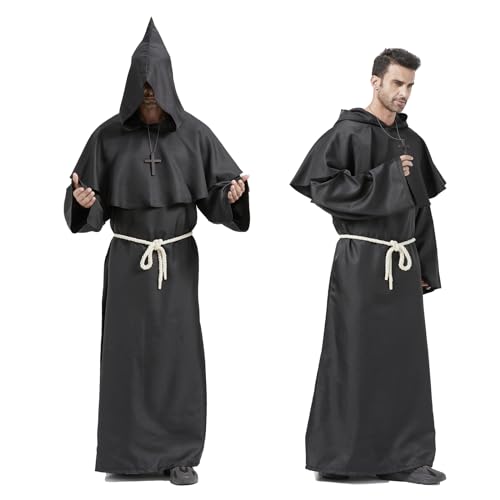 Monk Robe Renaissance Priest Medieval Costume Medieval Monk Robe Friar Cloak Cosplay Costume Cowl Robe Fancy Dress for Halloween(Black,L)