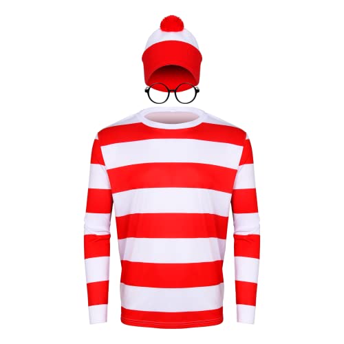 PARTYEVER Adult Men Halloween Red and White Striped Long Sleeve Tee Shirt Glasses Hat Outfit Suit Set Funny Cosplay Sweatshirt Costume (XX-Large)