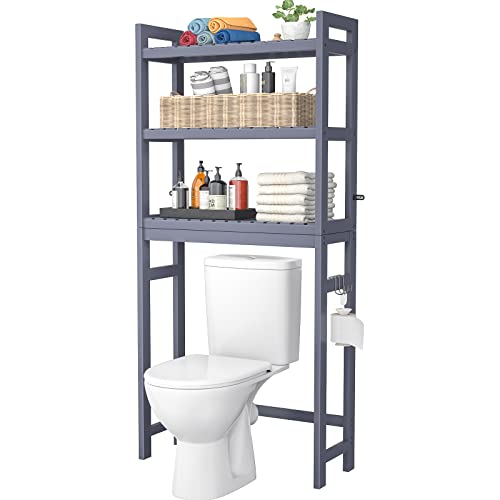Homykic Over The Toilet Storage, Bamboo 3-Tier Over-The-Toilet Space Saver Shelf Organizer Rack, Stable Freestanding Above Toilet Stand with 3 Hooks for Bathroom, Restroom, Laundry, Blue Grey