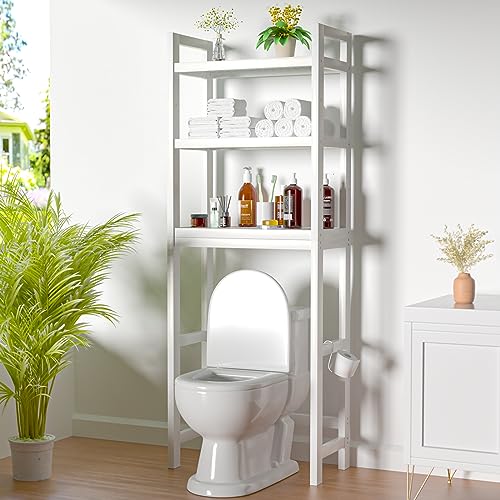 kenvc Over The Toilet Storage, Bamboo 3-Tier Above Toilet Storage Shelf with Hand Woven Basket & 3 Bathroom Hooks & Adjustable Shelf, Bathroom Organizer Rack for Bathroom, Restroom, Laundry, White