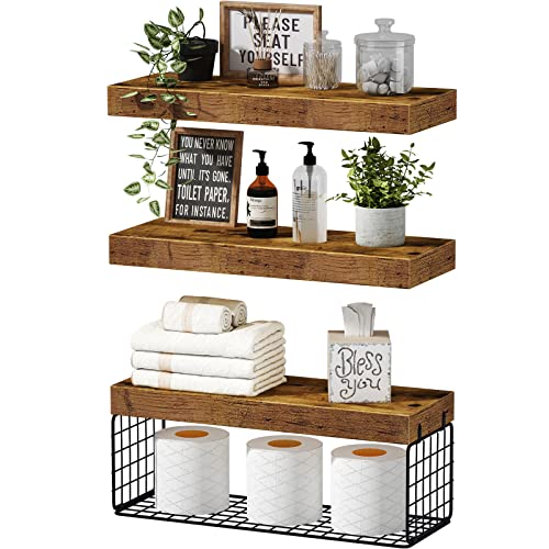 QEEIG Bathroom Shelves Over Toilet Wall Mounted Floating Shelves Farmhouse Shelf Toilet Paper Holder Small 16 inch Set of 3, Rustic Brown