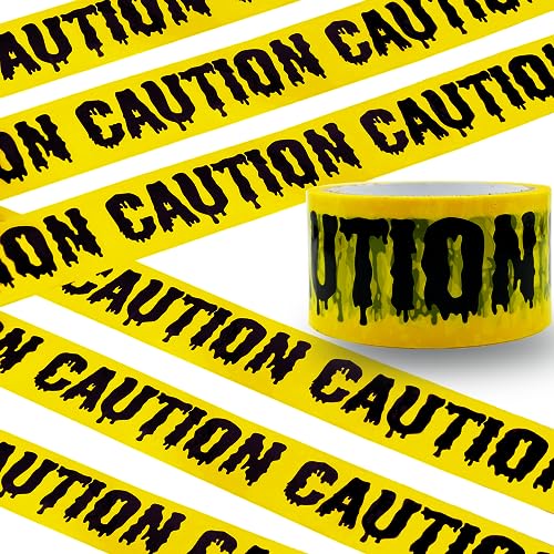 Feuerlos Yellow Caution Tape Halloween Decoration Warning Tape, 4.5cmx25m Self Adhesive Outdoor Harzard Tape for Danger Areas, Spooky Entainment, Haunted Houses, Vampire Parties