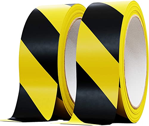 Double-Roll of Ultra-Adhesive Black & Yellow Hazard Tape for Floor Marking 2 Pk. Mark Floors & Watch Your Step Areas for Safety with High-Visibility Anti-Scuff Striped Vinyl by Phyxology Supply.