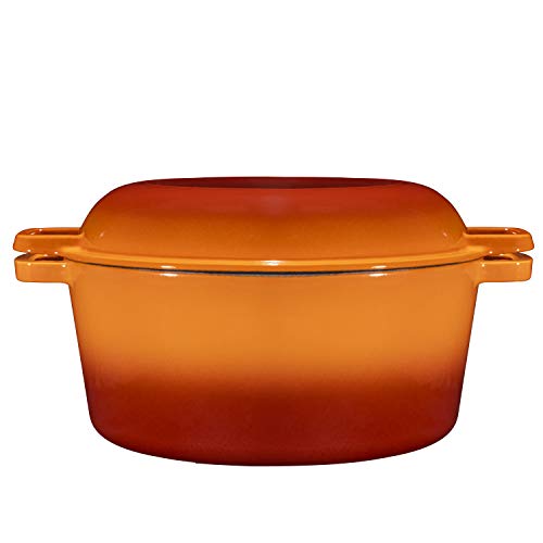 Bruntmor 2-in-1 Enamel Cast Iron Dutch Oven With Handles - Crock Pot Pumpkin Spice Orange Cast Iron Pot with Skillet lid-All-in-1 Cookware Braising Pan for Casserole Dish-5 Quart Pumpkin Spice Orange