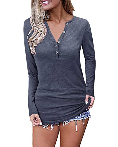 OUGES Womens Long Sleeve V-Neck Button Henley Tops Business Dressy Casual Blouse T Shirt(Blue Purple,S)