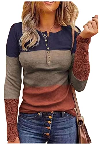 Long Sleeve Tunic Tops for Women Sexy Lace Hollow Out V Neck Blouse Casual Color Block Button Down Henley Shirts Tops (Multicolor, Small)