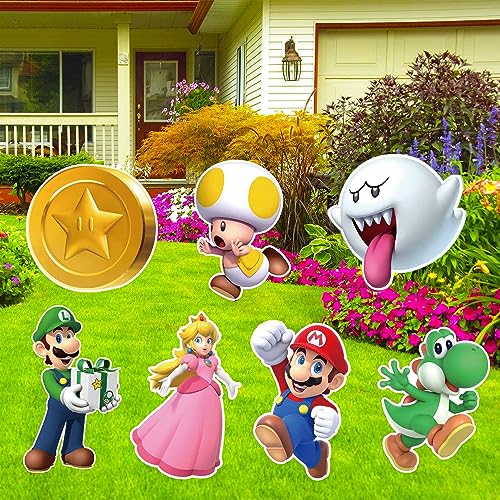Mario Themed Birthday Party Supplies, 7pcs Mario Party Decorations Yard Signs with Stakes, Mario Themed Birthday Party Favors Outdoor Lawn Party Yard Signs