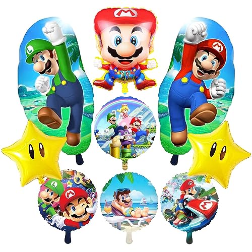 9Pcs Mario Party Decorations Balloons, Mario Birthday Party Balloons Supplies, Mario Brothers Foil Balloons For Kids Boys Girls Birthday Mario Party Decorations