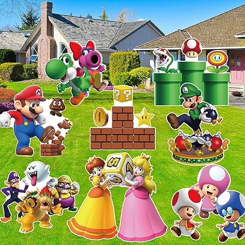 8 PCS Mario Yard Signs with Stakes 8 Styles Mario Party Supplies Super Bros Lovers Lawn Party Decor Super Bros Party Supplies for Mario Outdoor Decorations