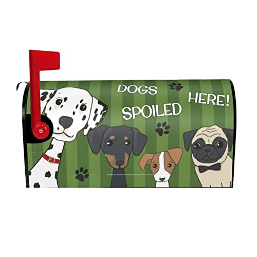 Cute Cartoon Dogs Magnetic Mailbox Cover Green Stripped Background Farmhouse Animal Pet Art Painting Post Box Cover Wrap Decoration Garden Outdoor Standard Size 21 x 18 in