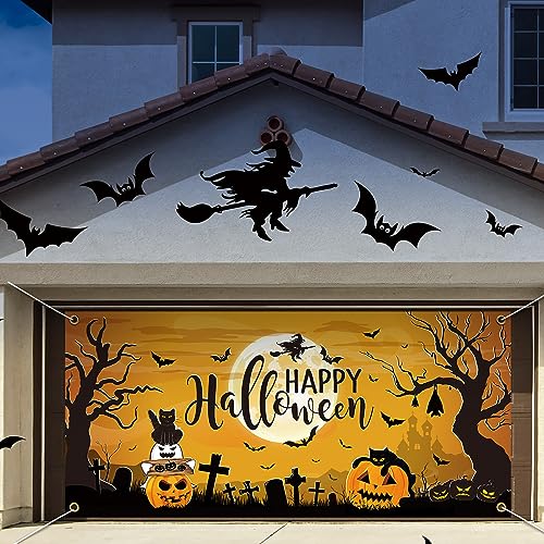 Happy Halloween Garage Door Decorations Large Halloween Garage Door Banner Cover 6x13 ft Pumpkin Black Cat Ghost Castle Backdrop Decoration for Halloween Indoor Outdoor Wall Door