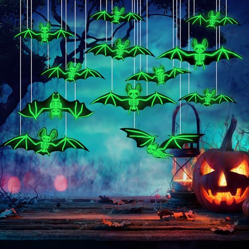 12 Pcs Hanging Bats Halloween Decoration Outdoor,YTKIH 2023 Upgrade 5 Different Sizes Realistic PP 3D Scary Bat Sticker for Decor with Glowing Skeleton for Hanging in The Tree, Porch, Lawn, Indoor