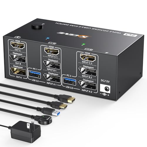 Triple Monitors KVM Switch 2 Displayport + HDMI USB 3.0 KVM Switch 8K@60Hz,4K@144Hz 3 Monitors 2 Computers KVM with 4 USB 3.0 Ports Included KVM Cables,HDMI 8K@60Hz/4K@60Hz,DP 8K@30Hz/4K@144Hz