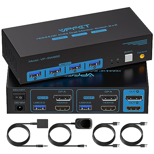 Dual Monitor HDMI+Displayport KVM Switch 2 Monitors 2 Computers USB3.0 Switcher PC Extended Support 4k@120hz 8k@60hz for 2 Computers Share 4 USB Ports with External Wired Controller and 2 USB Cables