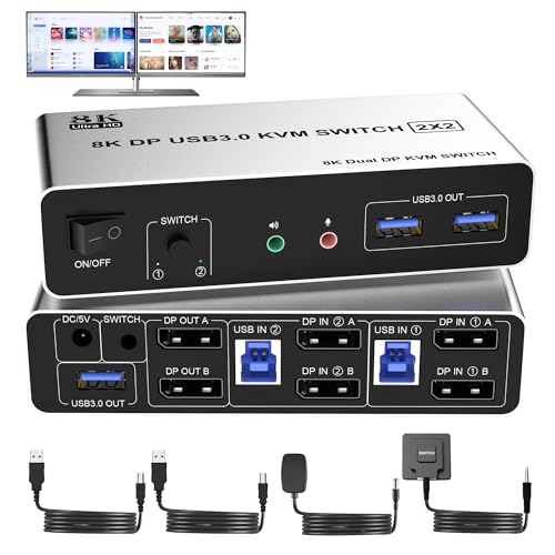 8K USB 3.0 DisplayPort KVM Switch 2 Computers 2 Monitors 8K@60Hz 4K@144Hz, Dual Monitor Displayport KVM Switches with Audio Microphone Output and 3 USB 3.0 Ports, Desktop Controller and 2 USB Cables