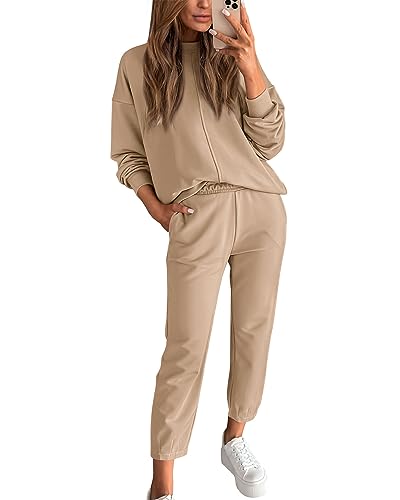 BTFBM 2023 Women 2 Piece Outfits Long Sleeve Pullover Jogger Pants Lounge Sets Thick Fall Winter Sweatsuits Tracksuit(Solid Khaki, Small)