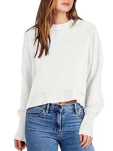 ANRABESS Women Crewneck Cropped Pullover Sweater Batwing Sleeve 2023 Fall Sweater Oversized Side Slit Ribbed Knit Jumper Tops B1107baise-M White