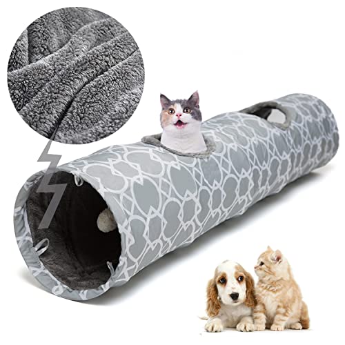 LUCKITTY Geometric Straight Cat Tunnel with Plush Inside,Cats Toys Collapsible Tunnel Tube with Balls, for Rabbits, Kittens, Ferrets,Puppy and Dogs, Diameter 9.8 Inch