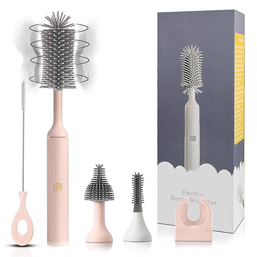 Augensterm Electric Cleaning Brush with USB Rechargeable Electric Bottle Brush Cleaner and 3 Replaceable Silicone Bottle Brushes and Straw Cleaner Brush,Perfect Baby Gifts and Kitchen Brushes(Pink)