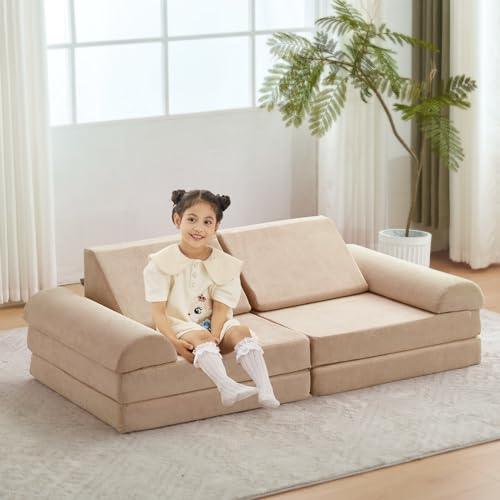jela Kids Couch, Floor Sofa Modular Funiture for Kids, Luxury Corduroy Fabric Playhouse Play Set for Toddlers Babies, Modular Foam Play Couch Indoor Outdoor (57"x28"x18", Brown Sugar)