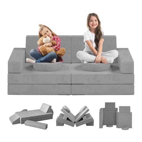 linor Kids Couch 10Pcs, Kids Modular Couch Sofa for Playroom, Creative Sofa Couch for Imaginative Kids Toddlers Babies, Kids Playroom Furniture (Grey)