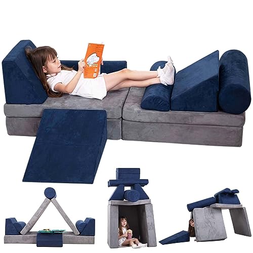 GudoInsole Play Couch Sofa for Kids 10PCS Sectional Sofa Playroom Imaginative Furniture for Creative Kids Girls and Boys Bedroom (Gray & Blue)