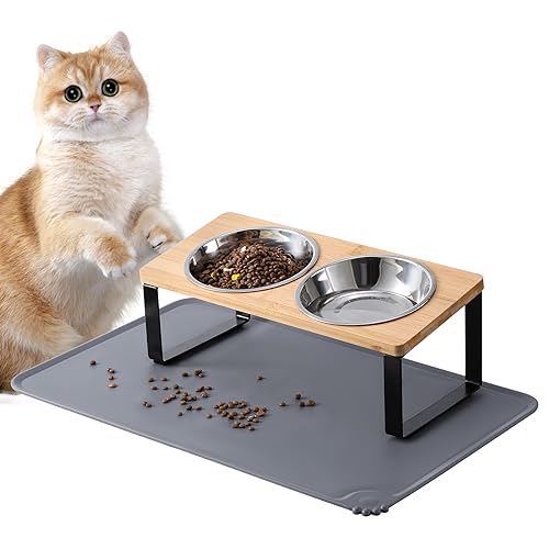 Upgraded Elevated Cat Bowls with Food Mat,15Tilted Stand Anti Vomiting Raised Cat Dishes for Food and Water,2 Stainless Steel Bowls for Cats and Puppy