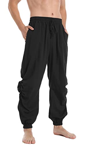 PACEIADTA Mens Cotton Linen Drawstring Pants Elastic Waist Casual Jogger Yoga Pants (40, Black)