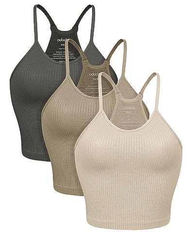 ODODOS Women's Crop 3-Pack Waffle Knit Seamless Camisole Crop Tank Tops, Long Crop, Mushroom+Taupe+Charcoal, Medium/Large