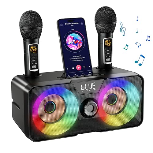 Karaoke Machine for Adults Kids with 2 UHF Wireless Microphones,Portable Bluetooth Singing PA Speaker System with LED Lights for Home Party,Outdoor/Indoor/Wedding,Church,Picnic,Birthday Gifts.