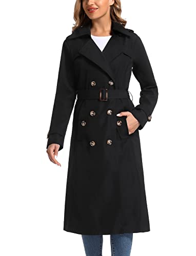 poonyfesh Women's Waterproof Long Trench Coat Double Breasted Slim Full Length Classic Lapel Belt Coat With Removable Hood Black X-Large