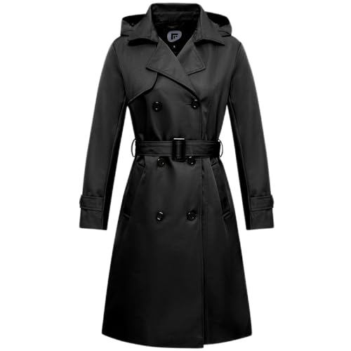 Garemcy Women's Long Waterproof Trench Coat Double Breasted Classic Lapel Coat Belted Slim Fit Coat with Detachable Hood Black X-Large