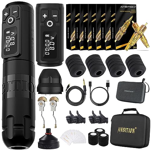 Ambition Soldier Tattoo Kit - Wireless Tattoo Machine Kit Complete Rotary Tattoo Machine with Extra 2400mah Power 120pcs Glory Mixed Size Cartridge Needles for Professional Tattoo Artists