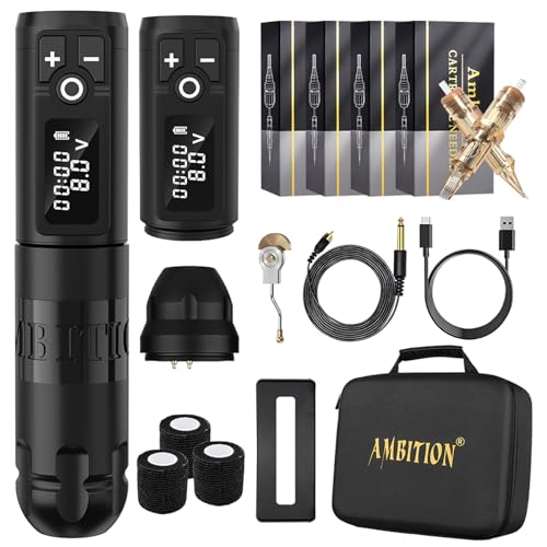 Ambition Soldier Wireless Tattoo Machine Kit Complete Rotary Coreless Motor Tattoo Pen Kit with Extra 2400mAh Battery 80pcs Premium Mixed Size Cartridge Needles Supply for Professional Tattoo Artist