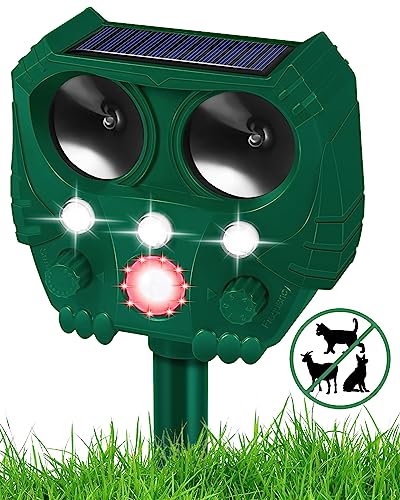 GOTSEVEN Cat Repellent, Ultrasonic Solar Animal Repeller with Motion Sensor and Flashing Lights, Waterproof Animal Deterrent Devices Outdoor for Deer Dog Rabbit Skunk