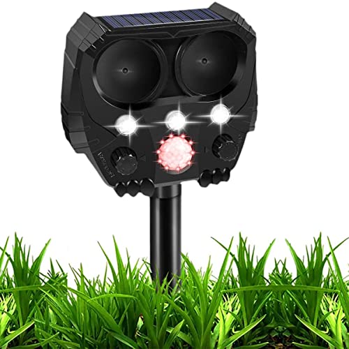 BKEVERPP Ultrasonic Cat Deterrent, 5 Mode Solar Powered Deterrent Device with Motion Sensor and Flashing Light, Outdoor Device for Farm, Garden, Yard, Dogs, Cats, Birds, and More (Black)