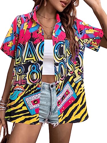 80s 90s Outfit for Women 80s 90s Retro Party Disco Shirt Hawaiian Button Down Shirt Short Sleeve Button Up Blouse Tops Yellow
