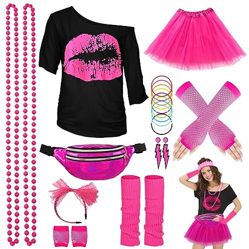 WILDPARTY 80s Costume Accessories for Women, T-Shirt Tutu Fanny Pack Headband Earring Necklace Fishnet Gloves Legwarmers 80s Party Halloween outfit for Women 24PCS (Pink M)