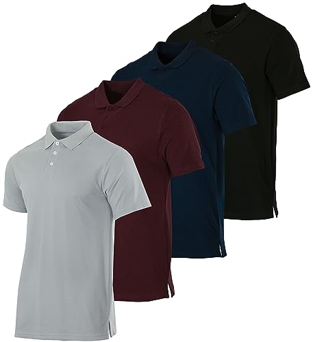 4 Pack: Mens Cotton Pique Men Quick Dry Dri Fit Polo Shirt Short Sleeve Button Collared Work Dress Tee Golf Tennis Clothing Active Wear Athletic Performance Tech Casual T Shirts - Set 3, XL