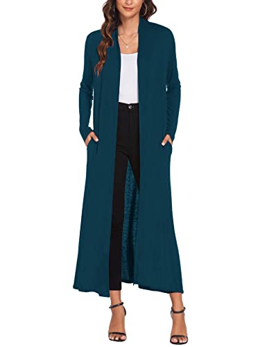 Bluetime Women Casual Open Front Maxi Cardigans with Pockets Super Long Thin Coats Jackets Outerwear (XL, Teal Blue)