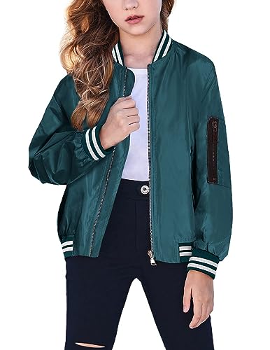Arshiner Kids Bomber Jacket Girls Teal Blue Cropped Flight Jackets Zip Up Windbreaker Fall Winter Outerwear with Pockets for 6 Years Old