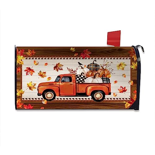 Autumn Fall Truck Mailbox Cover Magnetic Standard Size 18" X 21" Thanksgiving Pumpkins Harvest Mailbox Covers Autumn Maple Leaf Magnetic Mailbox Covers Post Letter Box Wrap Cover Decor for Outdoor