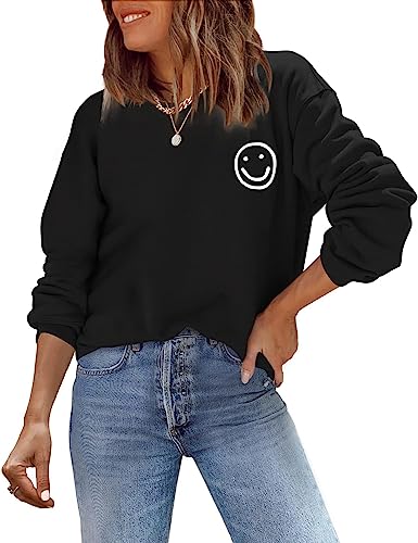 ReachMe Womens Trendy Vintage Cute Graphic Sweatshirts Smile Face Pullover Tops Casual Loose Long Sleeve Crewneck Tops(2 Black,L)