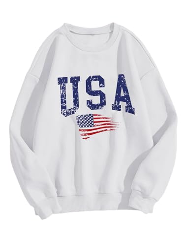 Avanova Women's USA Graphic Print Oversized Crewneck Sweatshirts Long Sleeve Top White A X-Large