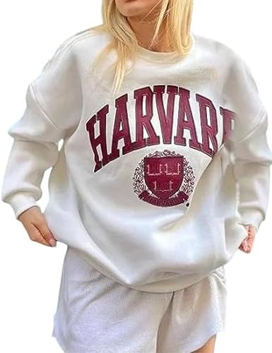 AIHUKOCY Women Harvard Letter Graphic Print Oversized Sweatshirt Crewneck Long Sleeve Drop Shoulder Loose Jumper Pullover White