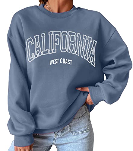 Cioatin Womens Oversized California Letter Graphic Crew Neck Sweatshirt Drop Shoulder Baggy Fleece Pullover Preppy Top Dark Blue