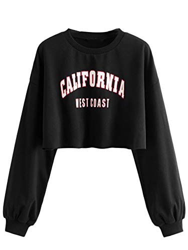 SweatyRocks Women's Casual Long Sleeve Crew Neck Letter Graphic Crop Top Sweatshirts Black 1 L