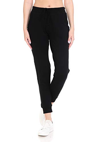 Leggings Depot Women's Cotton Jogger Sweatpants Yoga Track Pants with Pockets-FRENCHTERRY-Black-M