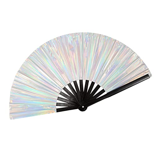 Qchengsan Silver Laser Rave Hand Fan,Large Folding Hand Rave Fan,Festival Fan,Clack Hand Held Fan for Party,Bamboo Holding Hand Fan Large Foldable Fan with Bright Color as Rave Outfits for Women