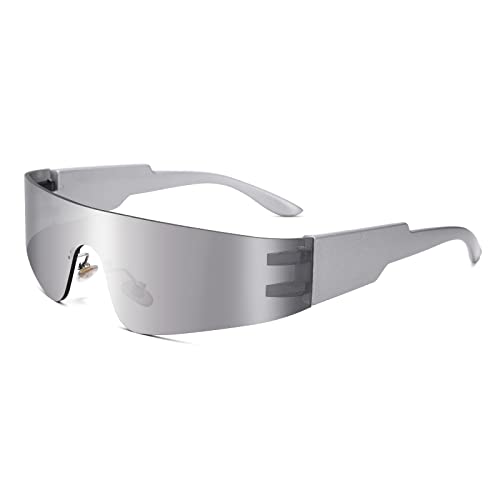 COASION Y2K Silver Futuristic Metallic Sunglasses Cyberpunk Concert Glasses for Women Men, Game 2077 Costume Eyewear (Silver/Silver Mirror)